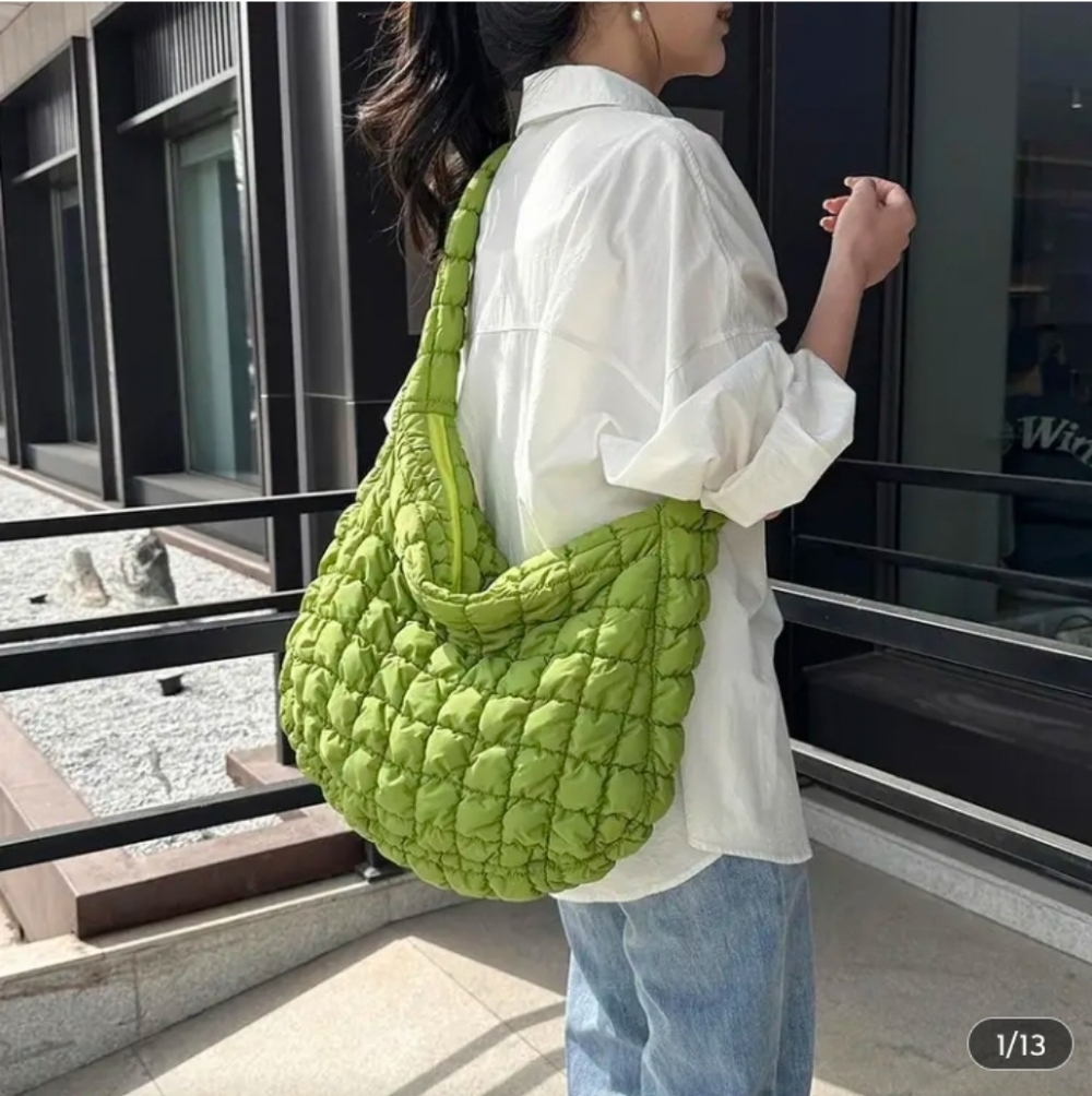 Solid Green Quilted Shoulder Bag - Women's Plush Fashion Tote - Picture 5 of 6